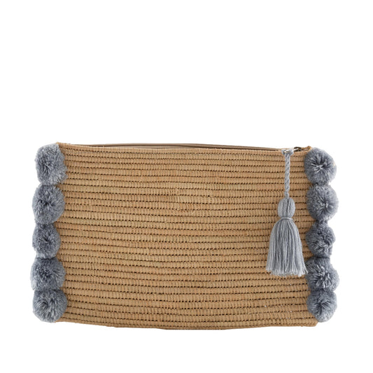 Pom Raffia Pouch - Grey