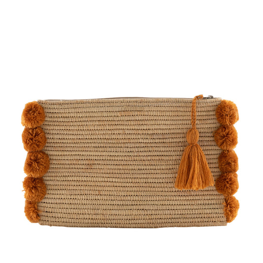 Pom Raffia Pouch - Brown