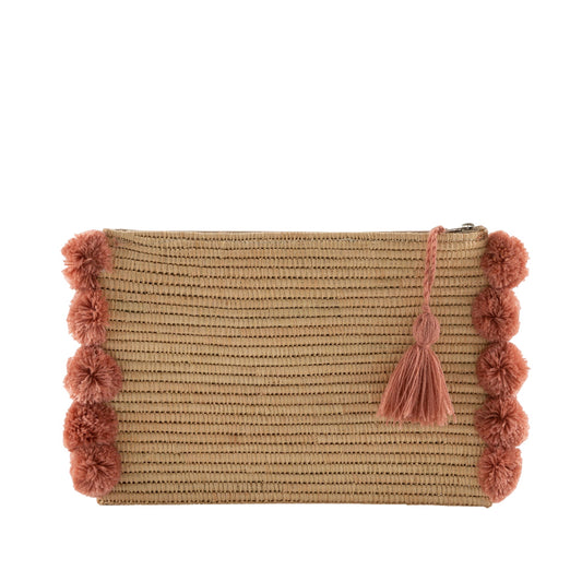 Pom Raffia Pouch - Dusty Pink