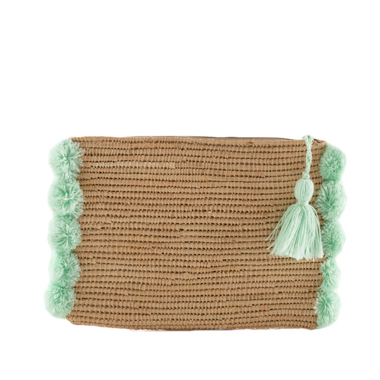 Pom Raffia Pouch - Mint