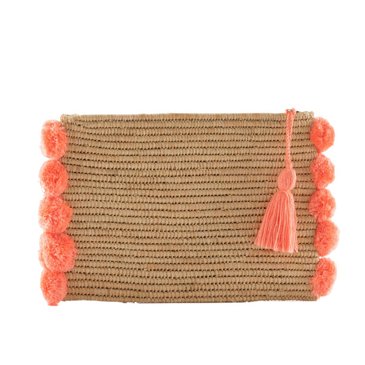 Pom Raffia Pouch - Bright Pink